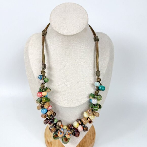 Vintage Mexican Pottery Mugs Cups Glass Beads Necklace Hand Painted - Picture 2 of 6